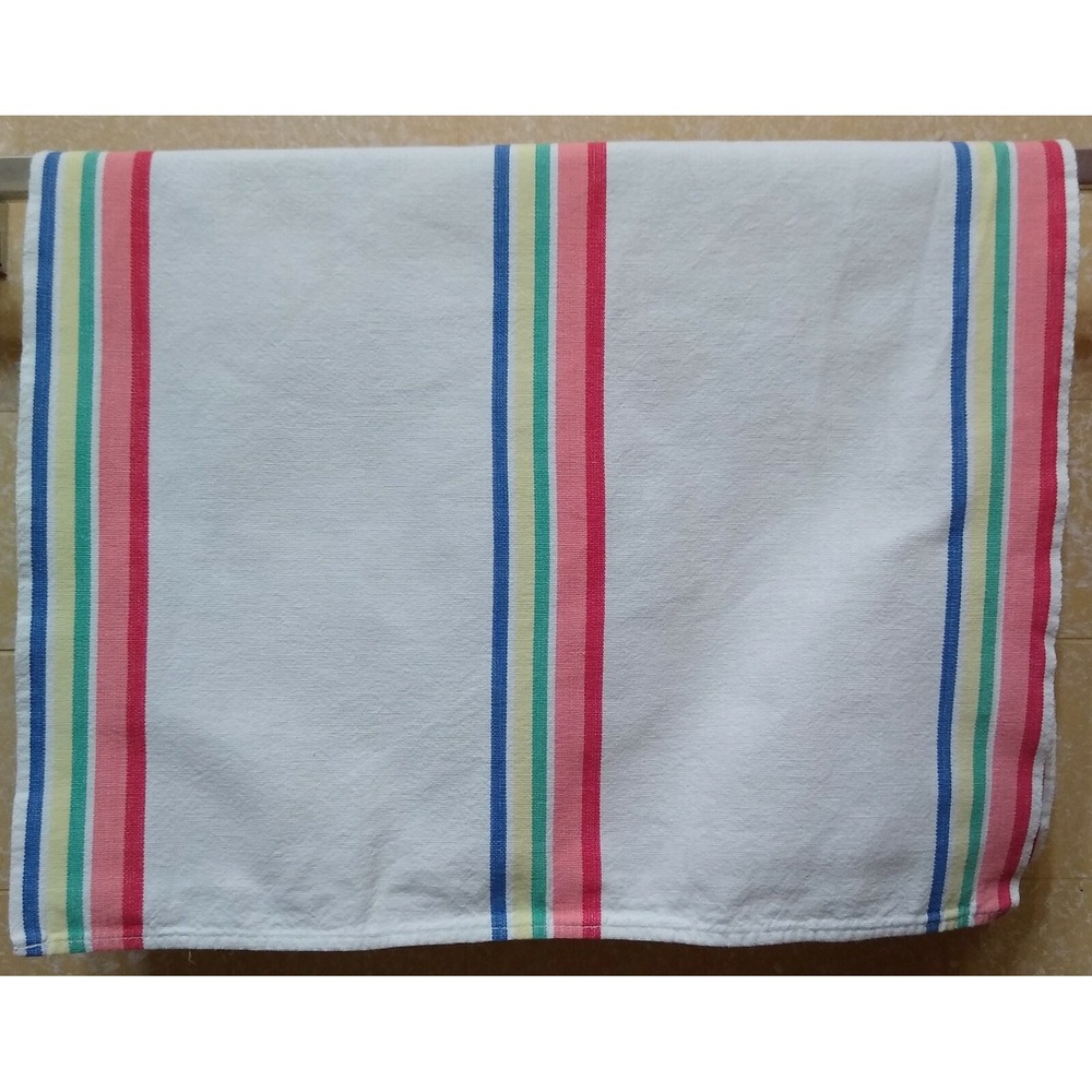 Super Vtg Cotton Tea Towel Striped Blue Red Green Yellow 26.5 x 17"
